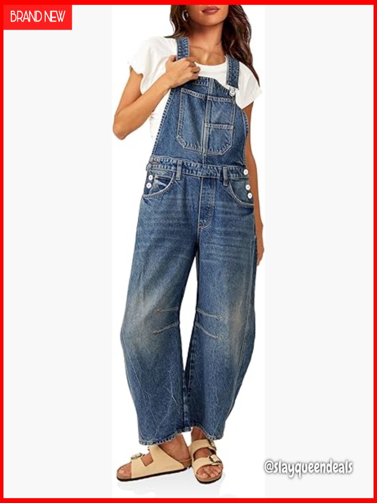 Women's Denim Bib Overalls Barrel Leg Adjustable Strap Jumpsuit